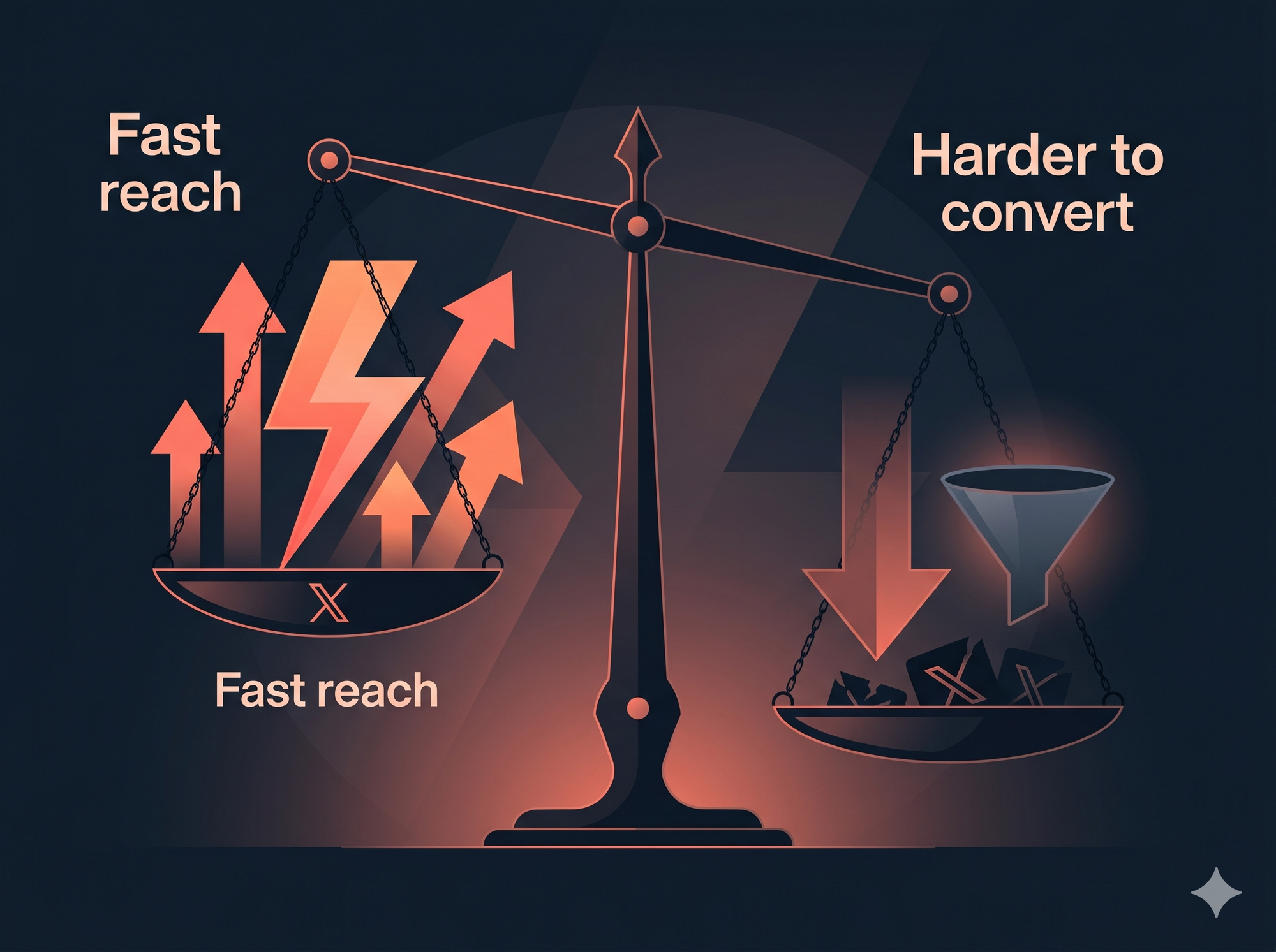 Visual summary of X Twitter strengths and weaknesses for personal branding in 2026, showing viral reach vs low lead conversion tradeoff 