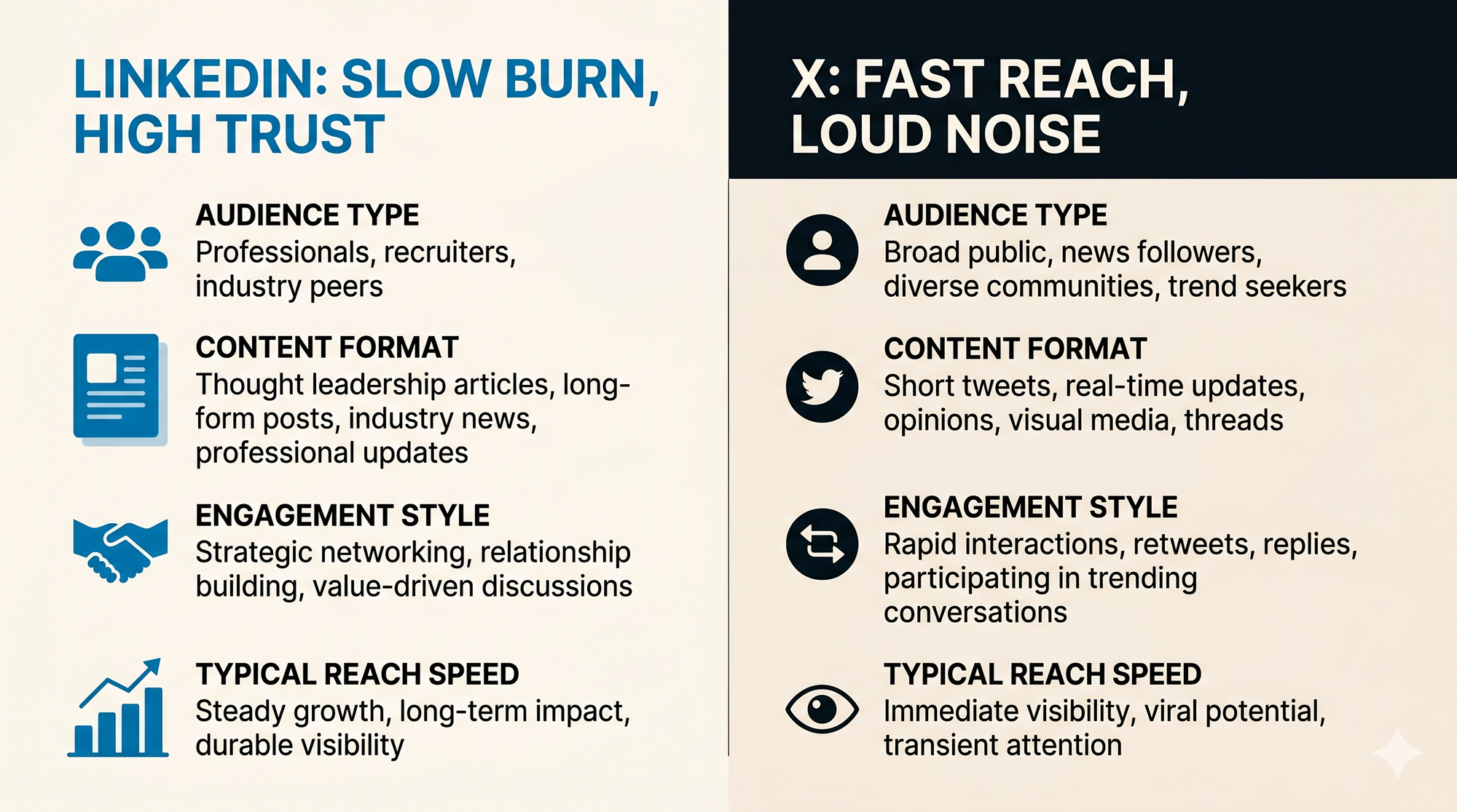 Side-by-side comparison diagram of LinkedIn vs X for personal branding, showing audience type, content format, and algorithm behavior