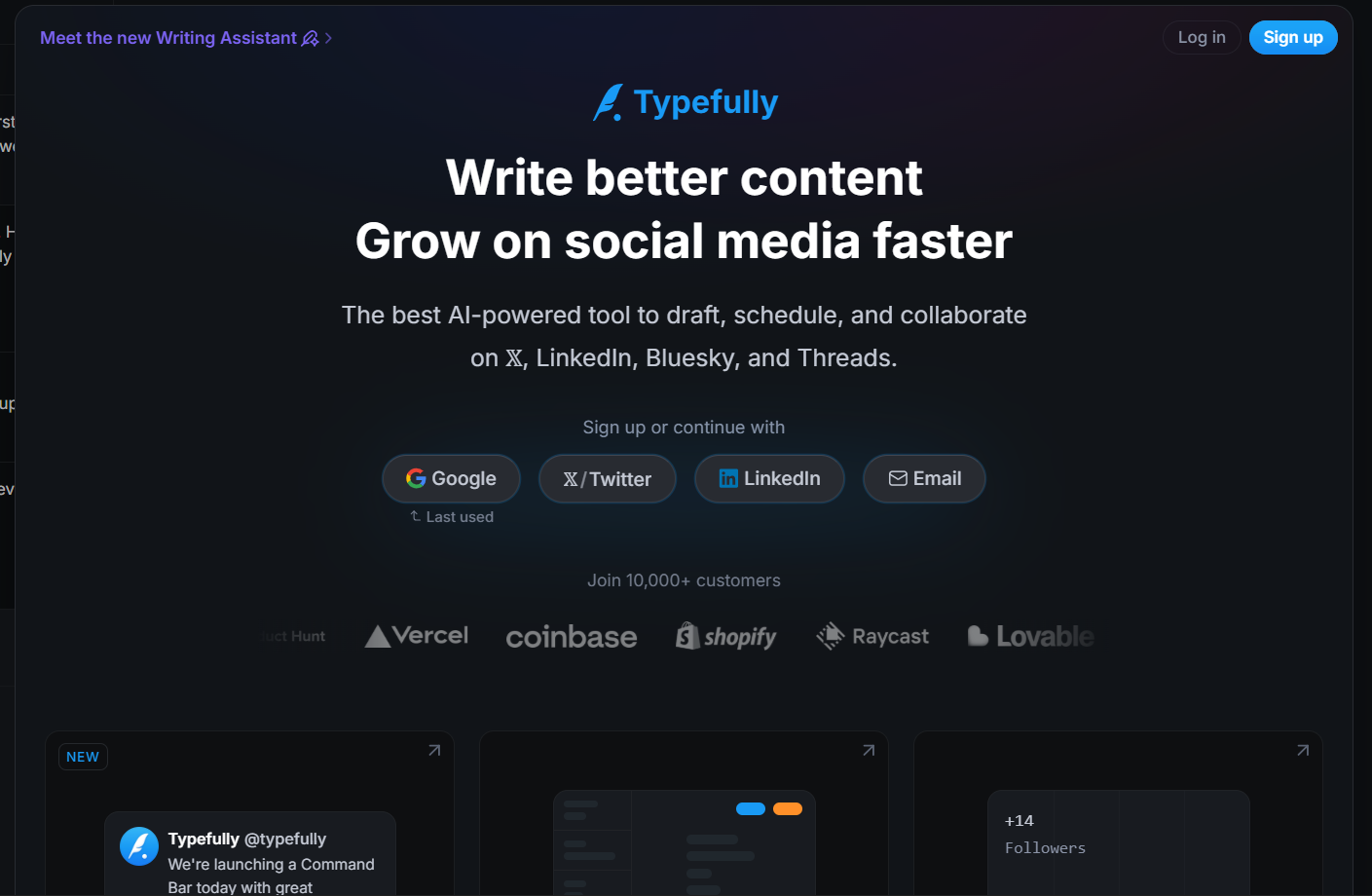 Typefully homepage showing AI-powered tool to draft, schedule, and collaborate on X, LinkedIn, Bluesky, and Threads