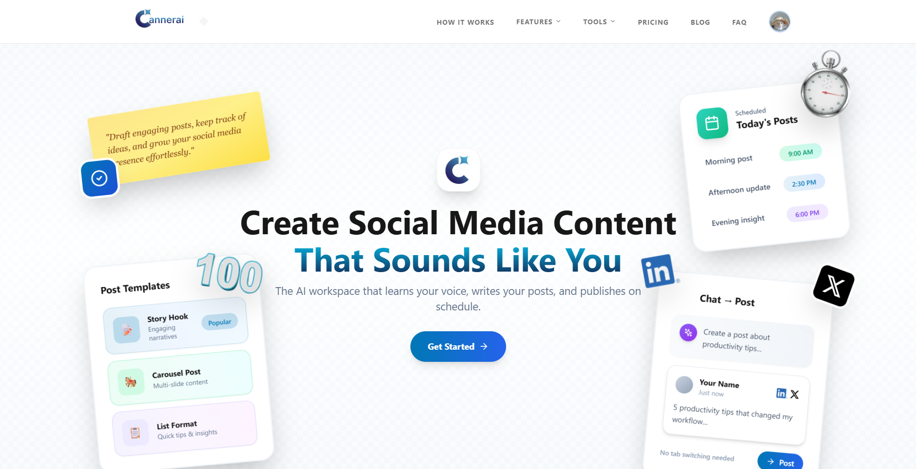 CannerAI homepage showing AI workspace that creates social media content for LinkedIn and X in your own voice