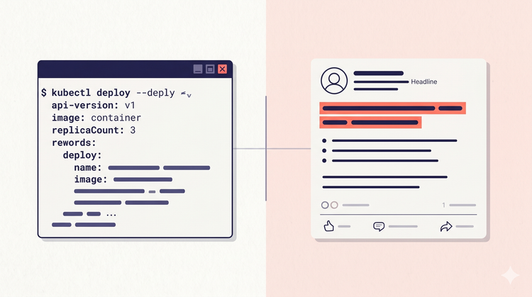 Editorial illustration of a software engineer's LinkedIn content workflow showing code, posts, and professional visibility. Deep indigo and coral. Max 125 chars.